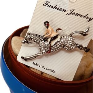 Colorful Vintage Style Sparkly Crystal Horse & Jockey Enamel Fashion Brooch